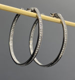 45mm Diamond Hoop Earrings, Oxidized Sterling Silver Pave Diamond Earrings, Silver Hoop Earrings