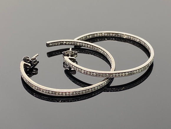 55mm Diamond Hoop Earrings, Oxidized Sterling Silver Pave Diamond Earrings, Silver Hoop Earrings