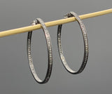 45mm Diamond Hoop Earrings, Oxidized Sterling Silver Pave Diamond Earrings, Silver Hoop Earrings