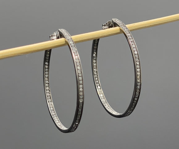 45mm Diamond Hoop Earrings, Oxidized Sterling Silver Pave Diamond Earrings, Silver Hoop Earrings
