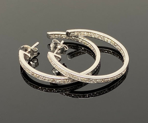 Diamond Hoop Earrings, Sterling Silver Pave Diamond Earrings, Silver Hoop Earrings