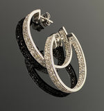 25mm Diamond Hoop Earrings, Sterling Silver Pave Diamond Earrings, Silver Hoop Earrings