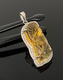 Carved Citrine Pave Diamond Gemstone Pendant, November Birthstone Silver Jewelry, Spiritual Healing Crystal Jewelry, Solar Plexus Chakra