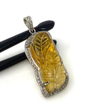 Carved Citrine Pave Diamond Gemstone Pendant, November Birthstone Silver Jewelry, Spiritual Healing Crystal Jewelry, Solar Plexus Chakra