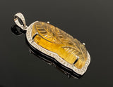 Carved Citrine Pave Diamond Gemstone Pendant, November Birthstone Silver Jewelry, Spiritual Healing Crystal Jewelry, Solar Plexus Chakra