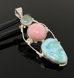Gemstone Pendant - Larimar, Aquamarine and Pink Opal, Wire Wrapped Pendant, Silver Jewelry Gifts for Her, Bohemian Jewelry