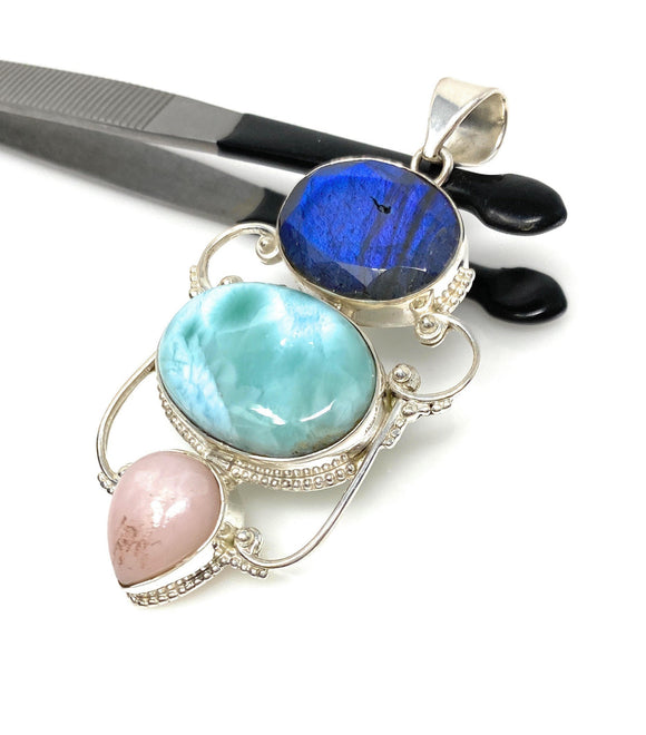 Gemstone Pendant - Larimar, Pink Opal and Labradorite , Wire Wrapped Pendant, Silver Jewelry Gifts for Her, Bohemian Jewelry
