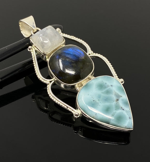 Gemstone Pendant - Larimar, Rainbow Moonstone and Labradorite , Wire Wrapped Pendant, Silver Jewelry Gifts for Her, Bohemian Jewelry