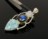 Gemstone Pendant - Larimar, Rainbow Moonstone and Labradorite , Wire Wrapped Pendant, Silver Jewelry Gifts for Her, Bohemian Jewelry