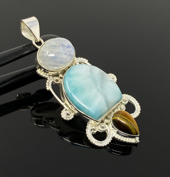 Gemstone Pendant - Larimar, Tigers Eye and Blue Flash Moonstone Pendant, Wire Wrapped Pendant Silver Jewelry Gifts for Her, Bohemian Jewelry