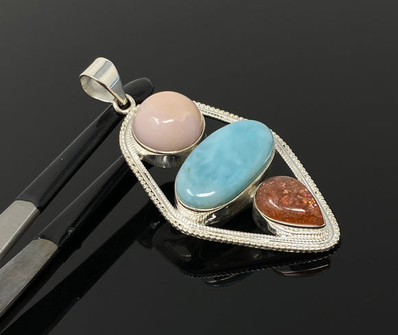 Gemstone Pendant - Larimar, Sunstone and Pink Opal, Wire Wrapped Pendant, Silver Jewelry Gifts for Her, Bohemian Jewelry