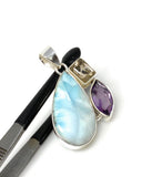 Sterling Silver Larimar Pendant with Golden Rutile and Amethyst, Gemstone Pendant, Bohemian Jewelry
