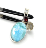 Natural Larimar with Garnet and Citrine Gemstone Pendant, Sterling Silver Jewelry, Larimar Pendant, Citrine Pendant, Bohemian Jewelry