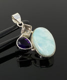 Sterling Silver Larimar Pendant with Golden Rutile and Amethyst, Gemstone Pendant, Bohemian Jewelry