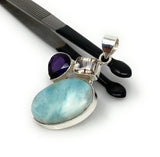 Sterling Silver Larimar Pendant with Golden Rutile and Amethyst, Gemstone Pendant, Bohemian Jewelry