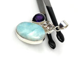 Sterling Silver Larimar Pendant with Golden Rutile and Amethyst, Gemstone Pendant, Bohemian Jewelry