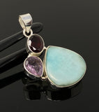 Natural Larimar, Garnet and Amethyst Gemstone Pendant, Sterling Silver Jewelry, Larimar Pendant, Amethyst Pendant, Bohemian Jewelry