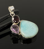 Natural Larimar, Garnet and Amethyst Gemstone Pendant, Sterling Silver Jewelry, Larimar Pendant, Amethyst Pendant, Bohemian Jewelry