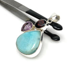 Natural Larimar, Garnet and Amethyst Gemstone Pendant, Sterling Silver Jewelry, Larimar Pendant, Amethyst Pendant, Bohemian Jewelry