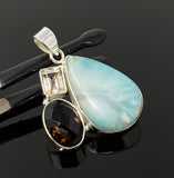Gemstone Pendant - Larimar, Smokey Quartz and Golden Rutile , Bohemian Jewelry, Larimar Pendant, Sterling Silver Jewelry