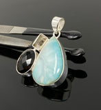 Gemstone Pendant - Larimar, Smokey Quartz and Golden Rutile , Bohemian Jewelry, Larimar Pendant, Sterling Silver Jewelry
