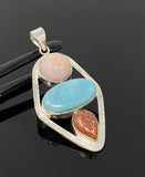 Gemstone Pendant - Larimar, Sunstone and Pink Opal, Wire Wrapped Pendant, Silver Jewelry Gifts for Her, Bohemian Jewelry