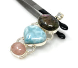 Larimar Gemstone Pendant with Purple Flash Labradorite and Morganite , Wire Wrapped Pendant, Silver Jewelry Gifts for Her, Bohemian Jewelry