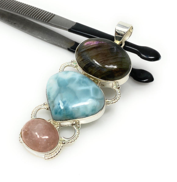 Larimar Gemstone Pendant with Purple Flash Labradorite and Morganite , Wire Wrapped Pendant, Silver Jewelry Gifts for Her, Bohemian Jewelry