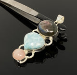 Larimar Gemstone Pendant with Purple Flash Labradorite and Morganite , Wire Wrapped Pendant, Silver Jewelry Gifts for Her, Bohemian Jewelry