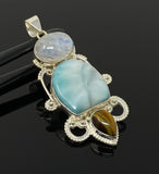 Gemstone Pendant - Larimar, Tigers Eye and Blue Flash Moonstone Pendant, Wire Wrapped Pendant Silver Jewelry Gifts for Her, Bohemian Jewelry