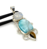 Gemstone Pendant - Larimar, Tigers Eye and Blue Flash Moonstone Pendant, Wire Wrapped Pendant Silver Jewelry Gifts for Her, Bohemian Jewelry
