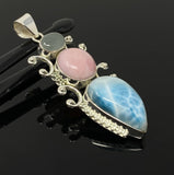 Gemstone Pendant - Larimar, Aquamarine and Pink Opal, Wire Wrapped Pendant, Silver Jewelry Gifts for Her, Bohemian Jewelry