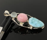 Gemstone Pendant - Larimar, Aquamarine and Pink Opal, Wire Wrapped Pendant, Silver Jewelry Gifts for Her, Bohemian Jewelry