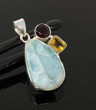 Natural Larimar with Garnet and Citrine Gemstone Pendant, Sterling Silver Jewelry, Larimar Pendant, Citrine Pendant, Bohemian Jewelry