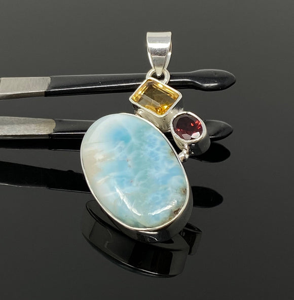 Natural Larimar with Garnet and Citrine Gemstone Pendant, Sterling Silver Jewelry, Larimar Pendant, Citrine Pendant, Bohemian Jewelry