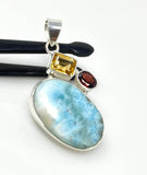 Natural Larimar with Garnet and Citrine Gemstone Pendant, Sterling Silver Jewelry, Larimar Pendant, Citrine Pendant, Bohemian Jewelry