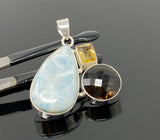 Gemstone Pendant - Larimar, Smokey Quartz and Citrine, Bohemian Jewelry, Larimar Pendant, Sterling Silver Jewelry