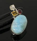 Natural Larimar with Garnet and Citrine Gemstone Pendant, Sterling Silver Jewelry, Larimar Pendant, Citrine Pendant, Bohemian Jewelry