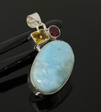 Natural Larimar with Garnet and Citrine Gemstone Pendant, Sterling Silver Jewelry, Larimar Pendant, Citrine Pendant, Bohemian Jewelry