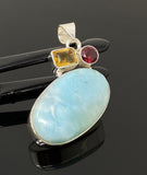 Natural Larimar with Garnet and Citrine Gemstone Pendant, Sterling Silver Jewelry, Larimar Pendant, Citrine Pendant, Bohemian Jewelry
