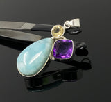 Gemstone Pendant - Larimar, Yellow Topaz and Amethyst, Bohemian Jewelry, Larimar Pendant, Sterling Silver Jewelry