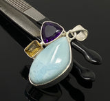 Natural Larimar with Amethyst and Citrine Gemstone Pendant, Sterling Silver Jewelry, Larimar Pendant, Amethyst Pendant, Bohemian Jewelry