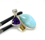Natural Larimar with Amethyst and Citrine Gemstone Pendant, Sterling Silver Jewelry, Larimar Pendant, Amethyst Pendant, Bohemian Jewelry