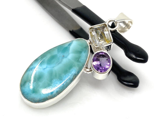 Sterling Silver Larimar Pendant with Golden Rutile and Amethyst, Gemstone Pendant, Bohemian Jewelry