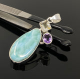 Sterling Silver Larimar Pendant with Golden Rutile and Amethyst, Gemstone Pendant, Bohemian Jewelry