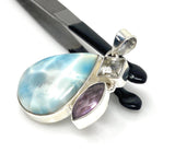 Sterling Silver Larimar Pendant with Golden Rutile and Amethyst, Gemstone Pendant, Bohemian Jewelry