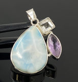Sterling Silver Larimar Pendant with Golden Rutile and Amethyst, Gemstone Pendant, Bohemian Jewelry
