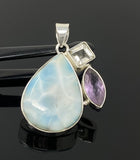 Sterling Silver Larimar Pendant with Golden Rutile and Amethyst, Gemstone Pendant, Bohemian Jewelry