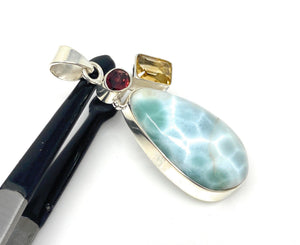 Natural Larimar with Garnet and Citrine Gemstone Pendant, Sterling Silver Jewelry, Larimar Pendant, Citrine Pendant, Bohemian Jewelry