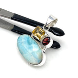 Natural Larimar with Garnet and Citrine Gemstone Pendant, Sterling Silver Jewelry, Larimar Pendant, Citrine Pendant, Bohemian Jewelry